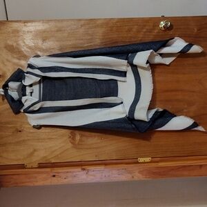 Francesca's Hooded Shawl Navy Cream Color Block Waterfall High-Low Hem Fringe OS